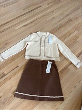 Cream Knit Cropped Cardigan and Brown Skirt Mini Set